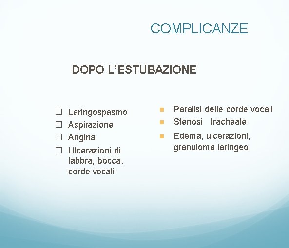 COMPLICANZE DOPO L’ESTUBAZIONE � � Laringospasmo Aspirazione Angina Ulcerazioni di labbra, bocca, corde vocali