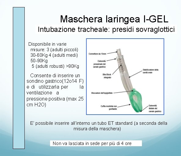 Maschera laringea I-GEL Intubazione tracheale: presidi sovraglottici Disponibile in varie misure: 3 (adulti piccoli)