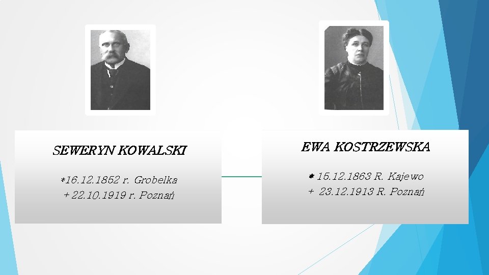 SEWERYN KOWALSKI EWA KOSTRZEWSKA *16. 12. 1852 r. Grobelka +22. 10. 1919 r. Poznań