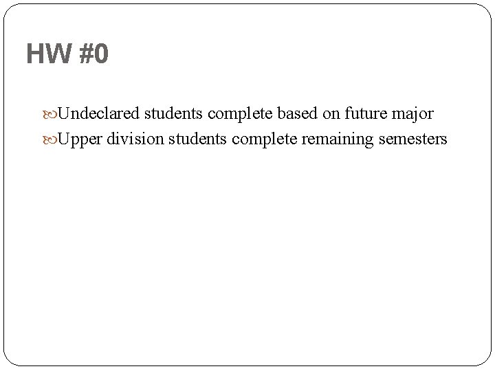 HW #0 Undeclared students complete based on future major Upper division students complete remaining HW #0 Undeclared students complete based on future major Upper division students complete remaining