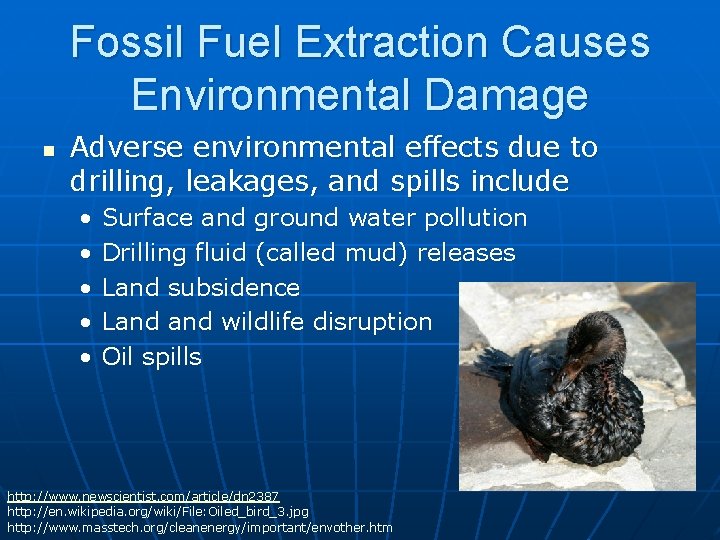 Fossil Fuel Extraction Causes Environmental Damage n Adverse environmental effects due to drilling, leakages, Fossil Fuel Extraction Causes Environmental Damage n Adverse environmental effects due to drilling, leakages,