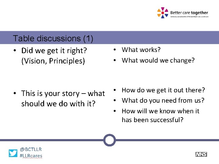 Table discussions (1) • Did we get it right? (Vision, Principles) • What works?