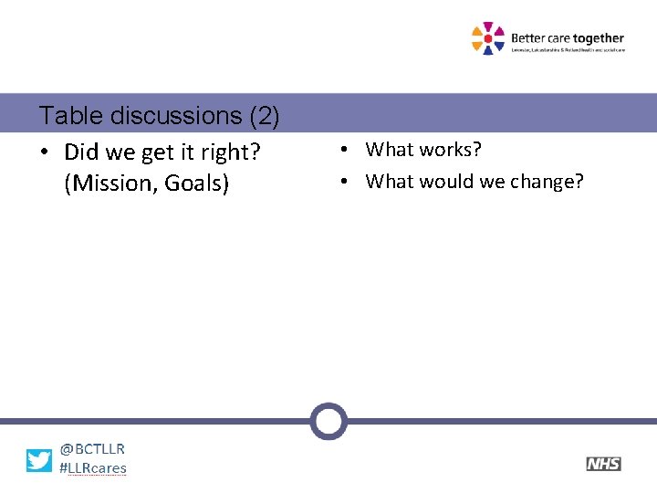 Table discussions (2) • Did we get it right? (Mission, Goals) • What works?