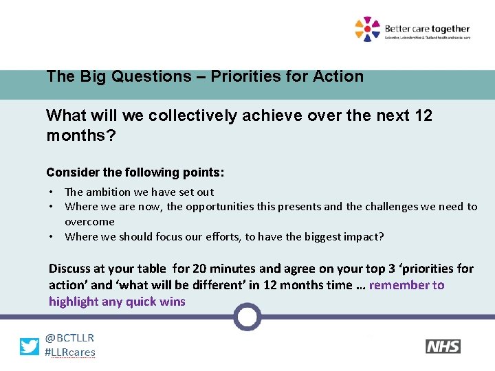 The Big Questions – Priorities for Action What will we collectively achieve over the