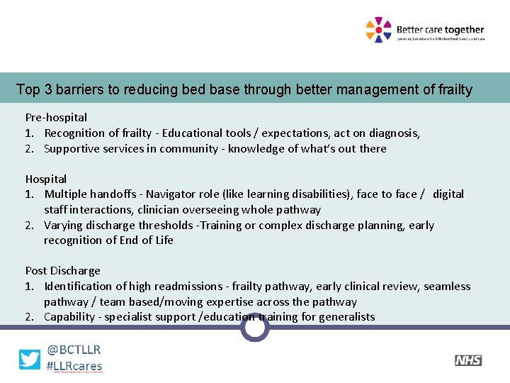 Top 3 barriers to reducing bed base through better management of frailty Pre-hospital 1.