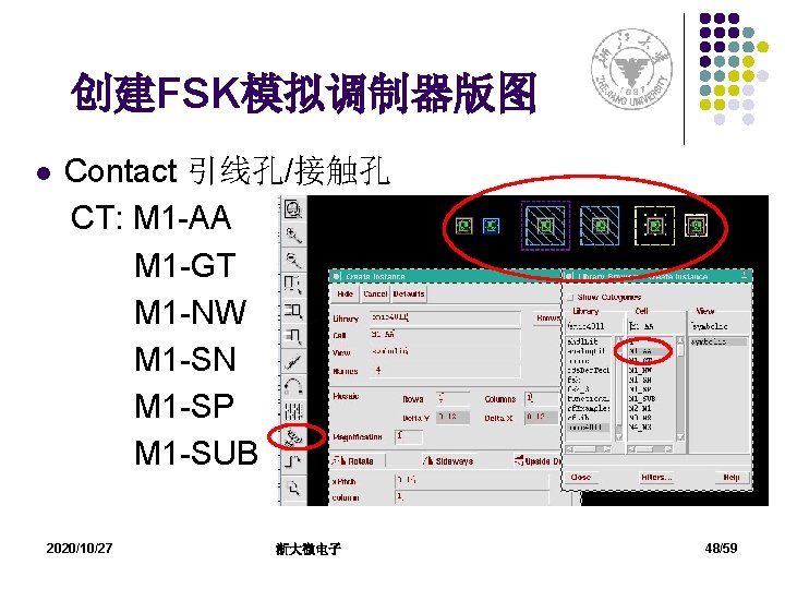 创建FSK模拟调制器版图 l Contact 引线孔/接触孔 CT: M 1 -AA M 1 -GT M 1 -NW