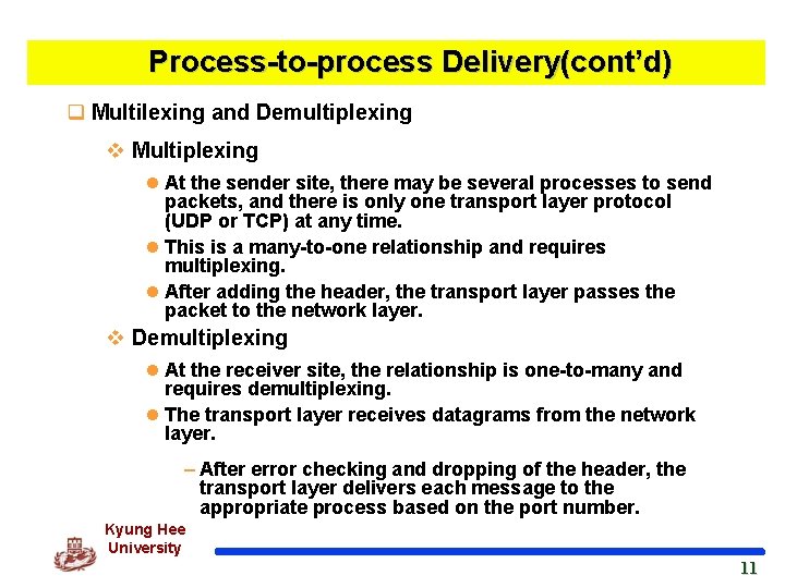 Process-to-process Delivery(cont’d) q Multilexing and Demultiplexing v Multiplexing l At the sender site, there