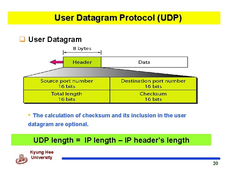 User Datagram Protocol (UDP) q User Datagram v고정된 8 바이트 헤더를 포함 • The