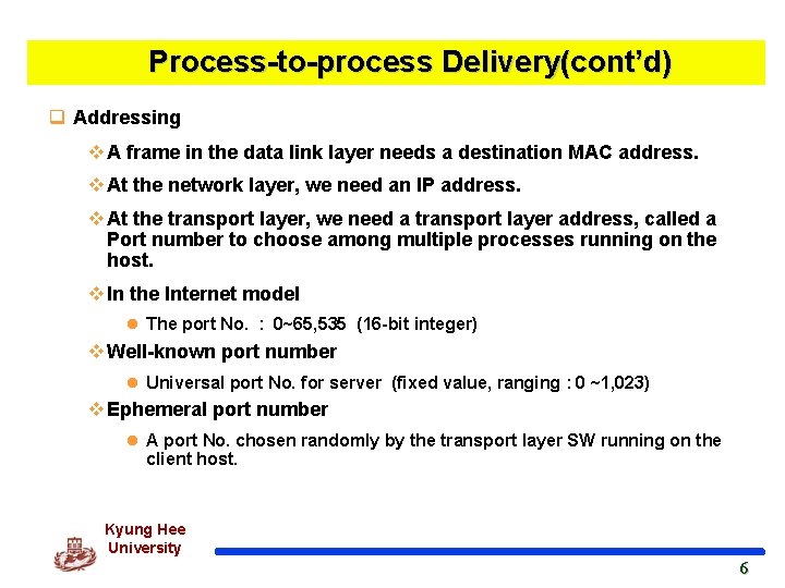 Process-to-process Delivery(cont’d) q Addressing v A frame in the data link layer needs a