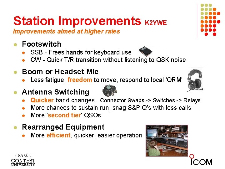 Station Improvements K 2 YWE Improvements aimed at higher rates Footswitch Boom or Headset