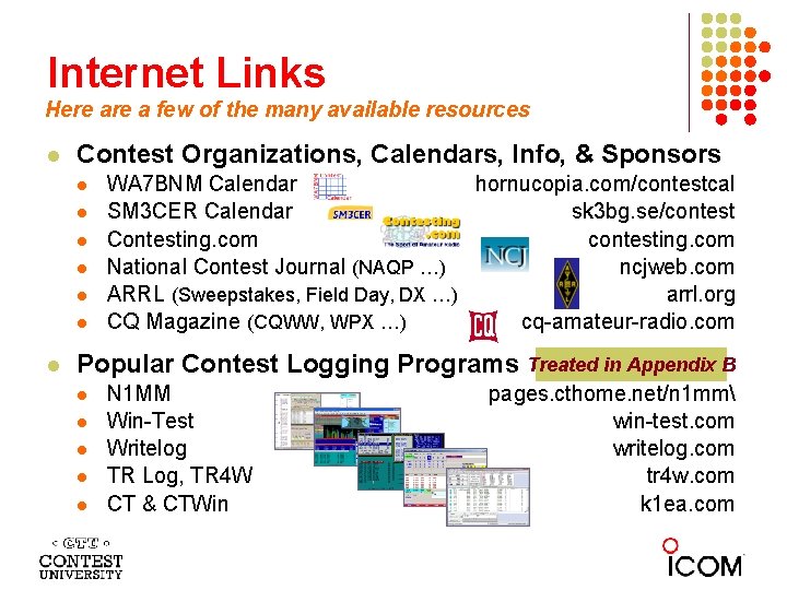 Internet Links Here a few of the many available resources Contest Organizations, Calendars, Info,