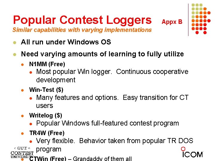 Popular Contest Loggers Appx B Similar capabilities with varying implementations All run under Windows