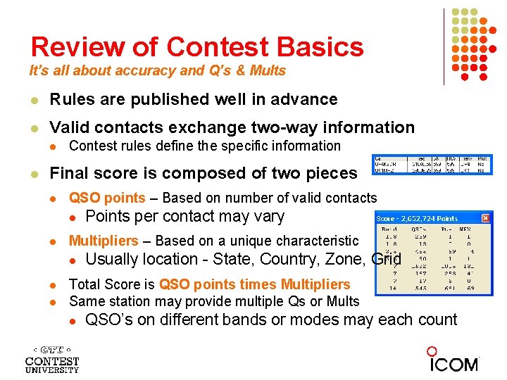 Review of Contest Basics It’s all about accuracy and Q’s & Mults Rules are