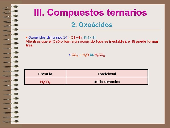 III. Compuestos ternarios 2. Oxoácidos • Oxoácidos del grupo 14: C (+4), Si (+4)