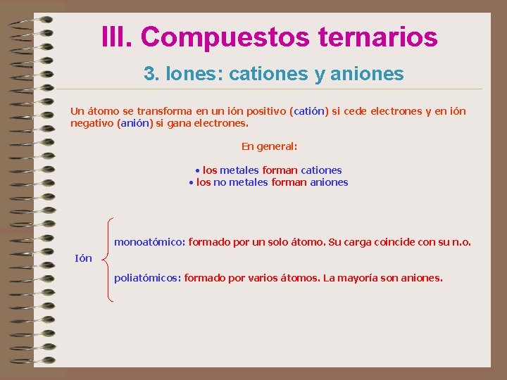 III. Compuestos ternarios 3. Iones: cationes y aniones Un átomo se transforma en un