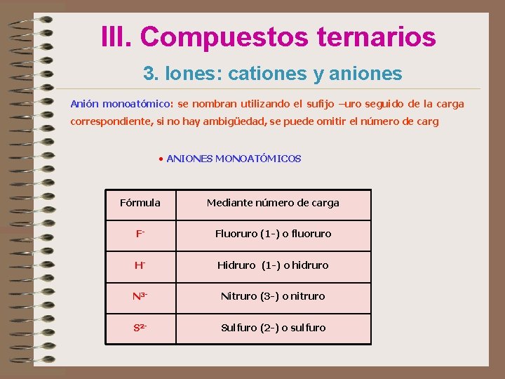 III. Compuestos ternarios 3. Iones: cationes y aniones Anión monoatómico: se nombran utilizando el