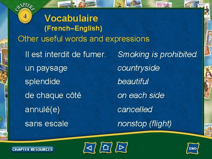 4 Vocabulaire (French–English) Other useful words and expressions Il est interdit de fumer. Smoking