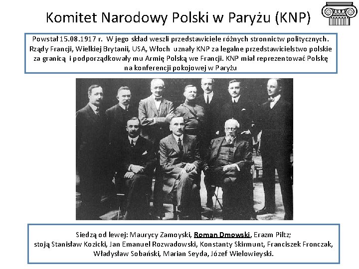 Komitet Narodowy Polski w Paryżu (KNP) Powstał 15. 08. 1917 r. W jego skład