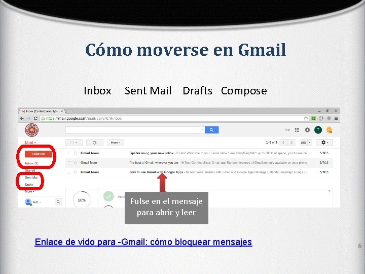 Cómo moverse en Gmail Inbox Sent Mail Drafts Compose Pulse en el mensaje para