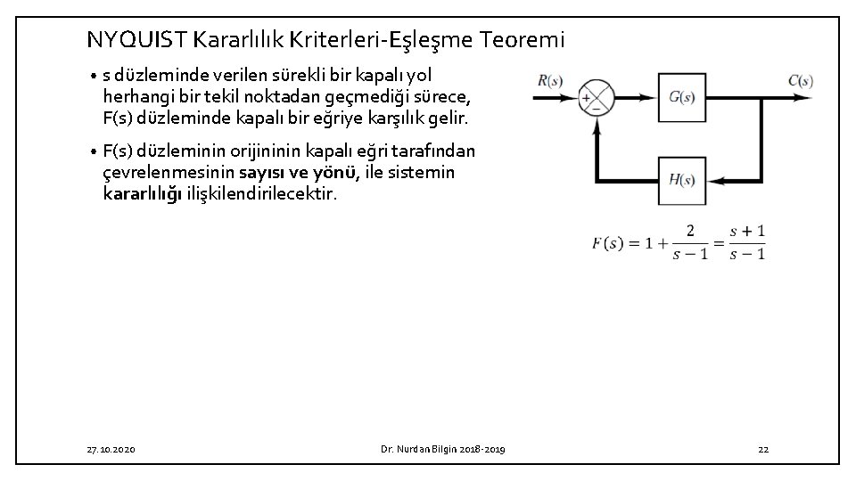 NYQUIST Kararlılık Kriterleri-Eşleşme Teoremi • s düzleminde verilen sürekli bir kapalı yol herhangi bir