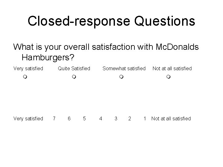 Closed-response Questions What is your overall satisfaction with Mc. Donalds Hamburgers? Very satisfied Quite