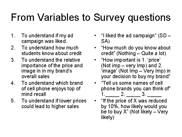 From Variables to Survey questions 1. 2. 3. 4. 5. To understand if my