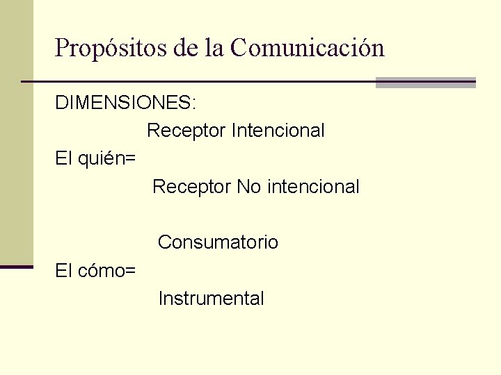 Propósitos de la Comunicación DIMENSIONES: Receptor Intencional El quién= Receptor No intencional Consumatorio El