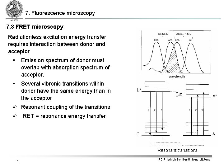 7. Fluorescence microscopy 7. 3 FRET microscopy Radiationless excitation energy transfer requires interaction between