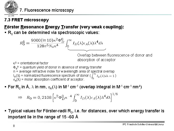 7. Fluorescence microscopy 7. 3 FRET microscopy Förster Resonance Energy Transfer (very weak coupling):