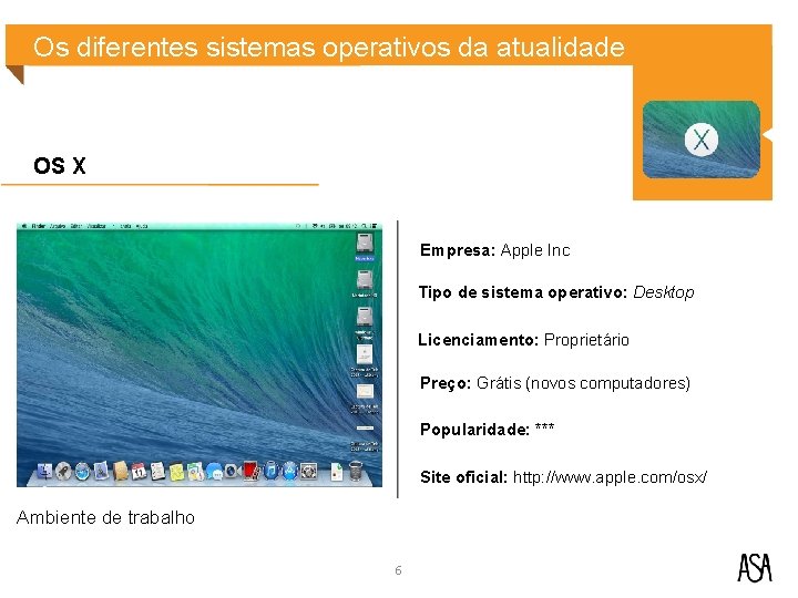 Os diferentes sistemas operativos da atualidade OS X Empresa: Apple Inc Tipo de sistema Os diferentes sistemas operativos da atualidade OS X Empresa: Apple Inc Tipo de sistema
