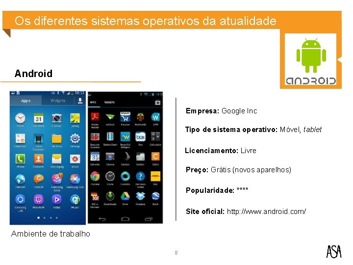 Os diferentes sistemas operativos da atualidade Android Empresa: Google Inc Tipo de sistema operativo: Os diferentes sistemas operativos da atualidade Android Empresa: Google Inc Tipo de sistema operativo: