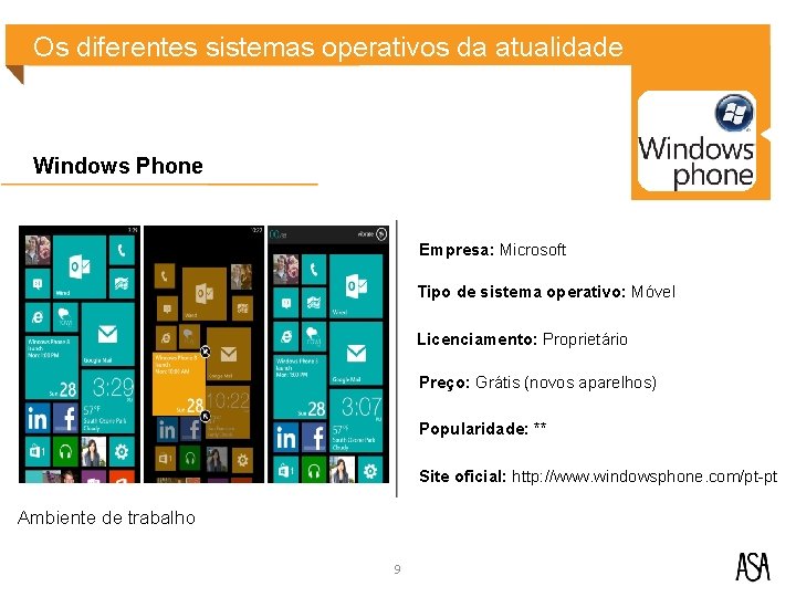 Os diferentes sistemas operativos da atualidade Windows Phone Empresa: Microsoft Tipo de sistema operativo: Os diferentes sistemas operativos da atualidade Windows Phone Empresa: Microsoft Tipo de sistema operativo: