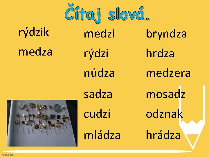 rýdzik medza Čítaj slová. medzi bryndza rýdzi hrdza núdza medzera sadza mosadz cudzí odznak