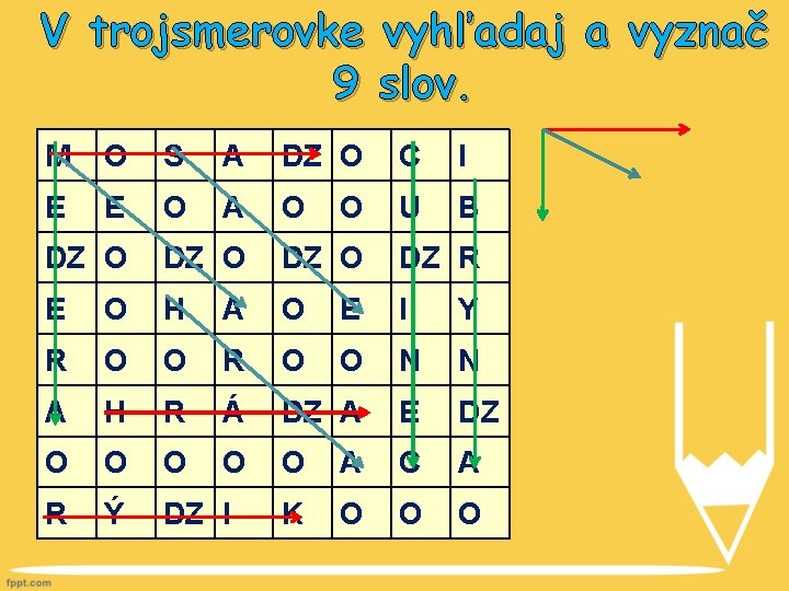 V trojsmerovke vyhľadaj a vyznač 9 slov. M O S A DZ O C