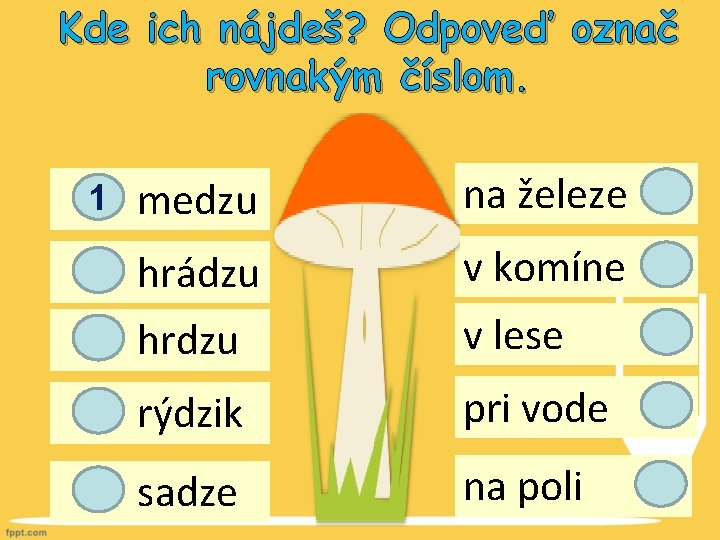 Kde ich nájdeš? Odpoveď označ rovnakým číslom. 1 medzu na železe hrádzu v komíne