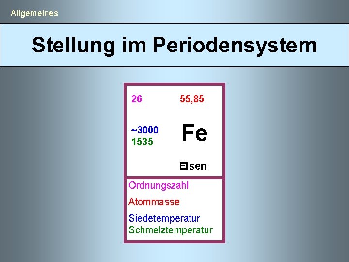  Allgemeines Stellung im Periodensystem Eigenschaften 26 55, 85 Fe ~3000 1535 Eisen Ordnungszahl
