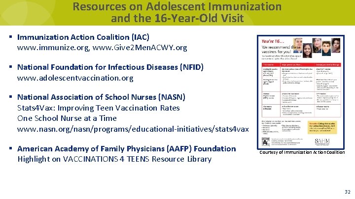 Resources on Adolescent Immunization and the 16 -Year-Old Visit § Immunization Action Coalition (IAC)