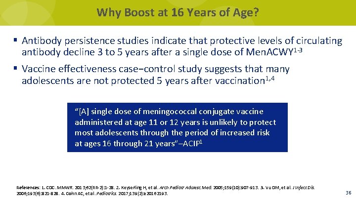 Why Boost at 16 Years of Age? § Antibody persistence studies indicate that protective