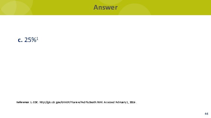 Answer c. 25%1 Reference: 1. CDC. http: //gis. cdc. gov/GRASP/Fluview/Ped. Flu. Death. html. Accessed