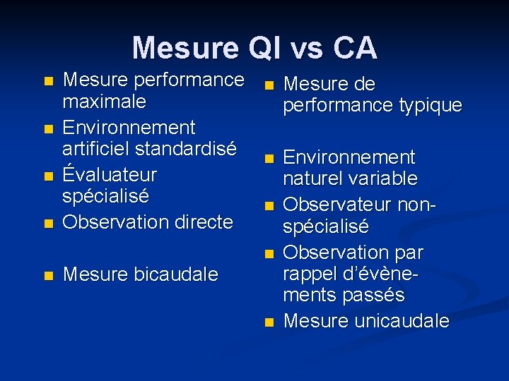 Mesure QI vs CA n n Mesure performance maximale Environnement artificiel standardisé Évaluateur spécialisé