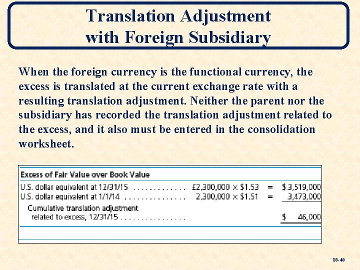 Translation Adjustment with Foreign Subsidiary When the foreign currency is the functional currency, the