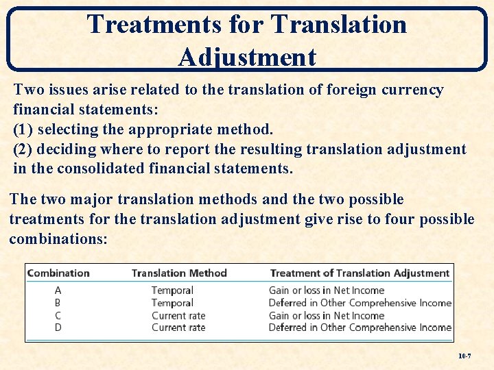 Treatments for Translation Adjustment Two issues arise related to the translation of foreign currency