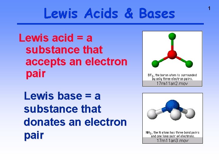 Lewis Acids & Bases Lewis acid = a substance that accepts an electron pair