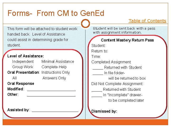 Forms- From CM to Gen. Ed Table of Contents This form will be attached