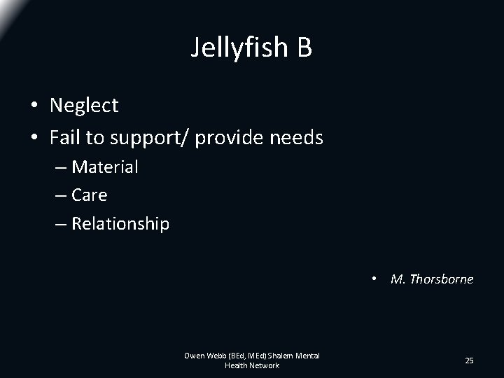 Jellyfish B • Neglect • Fail to support/ provide needs – Material – Care Jellyfish B • Neglect • Fail to support/ provide needs – Material – Care