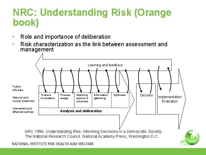 NRC: Understanding Risk (Orange book) • • Role and importance of deliberation Risk characterization