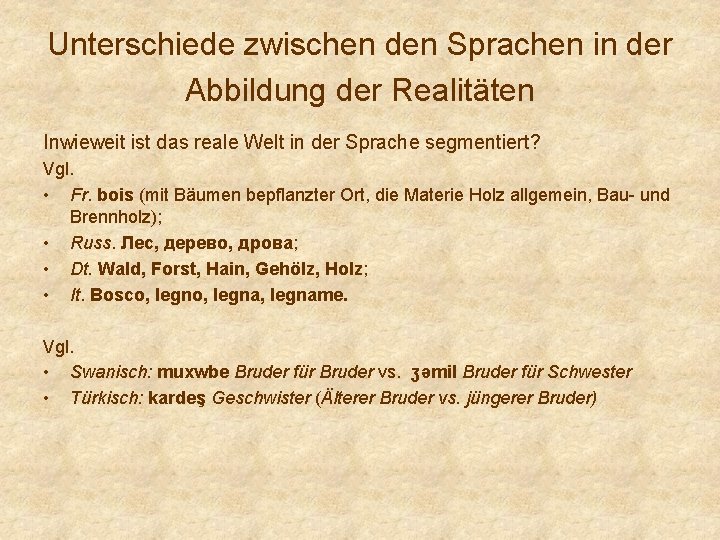 Unterschiede zwischen den Sprachen in der Abbildung der Realitäten Inwieweit ist das reale Welt