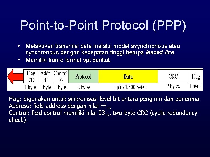 Point-to-Point Protocol (PPP) • Melakukan transmisi data melalui model asynchronous atau synchronous dengan kecepatan-tinggi