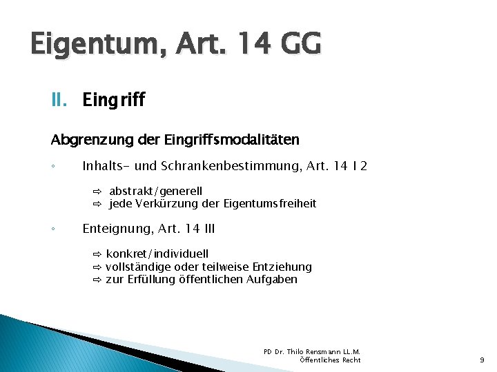 Eigentum, Art. 14 GG II. Eingriff Abgrenzung der Eingriffsmodalitäten ◦ Inhalts- und Schrankenbestimmung, Art.