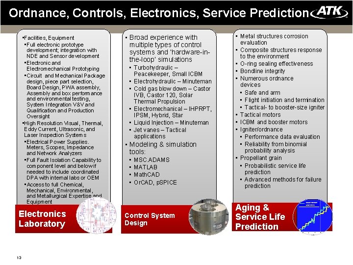 Ordnance, Controls, Electronics, Service Prediction • Facilities, Equipment • Full electronic prototype development; integration